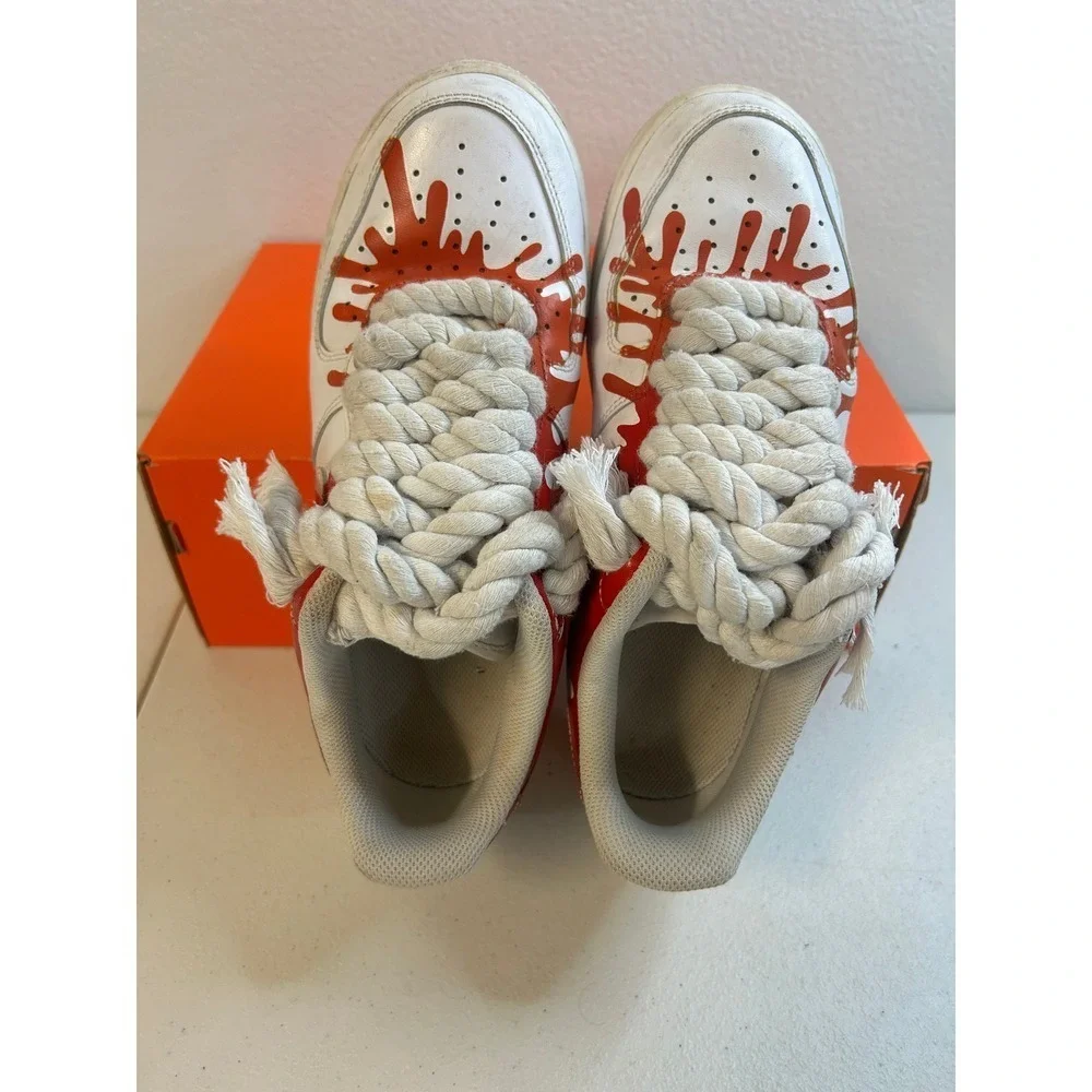 Nike Air Force 1 Low Custom Blood Drip Rope Laces White Red Mens 8.5 #2537